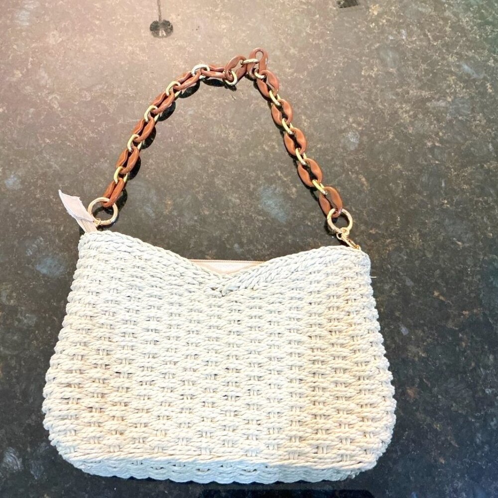 Natural Color Straw Like Purse with Zipper and Top Strap